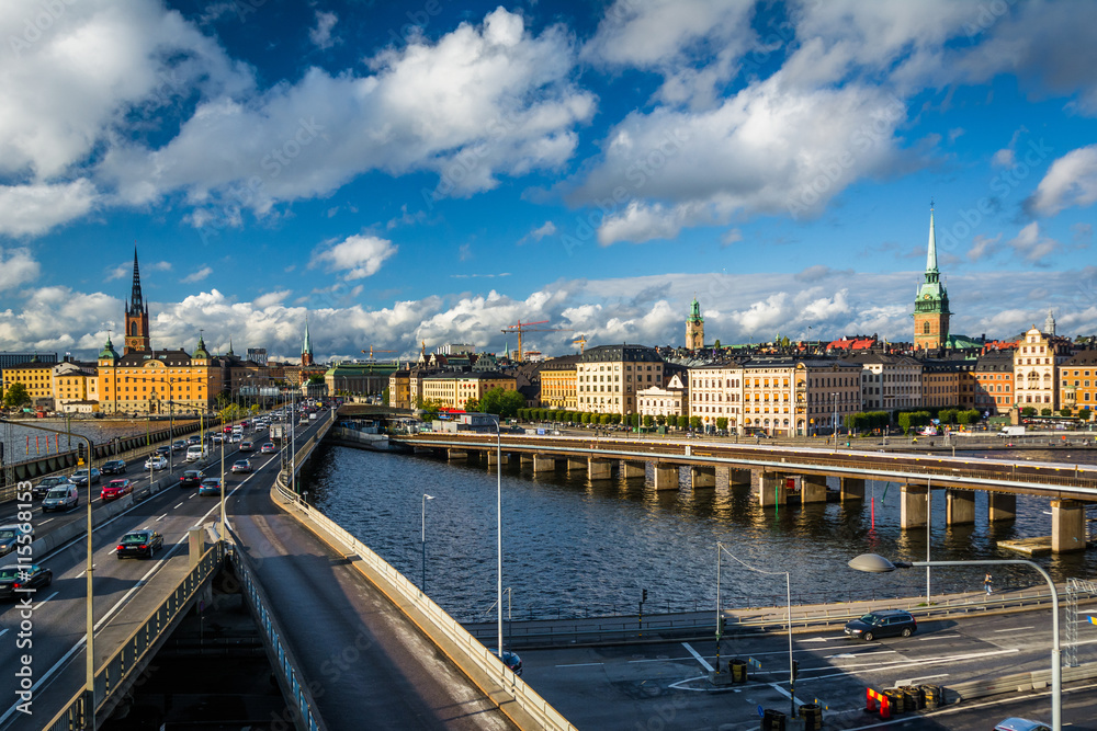 View of Centralbron and Galma Stan from Slussen, in Södermalm,