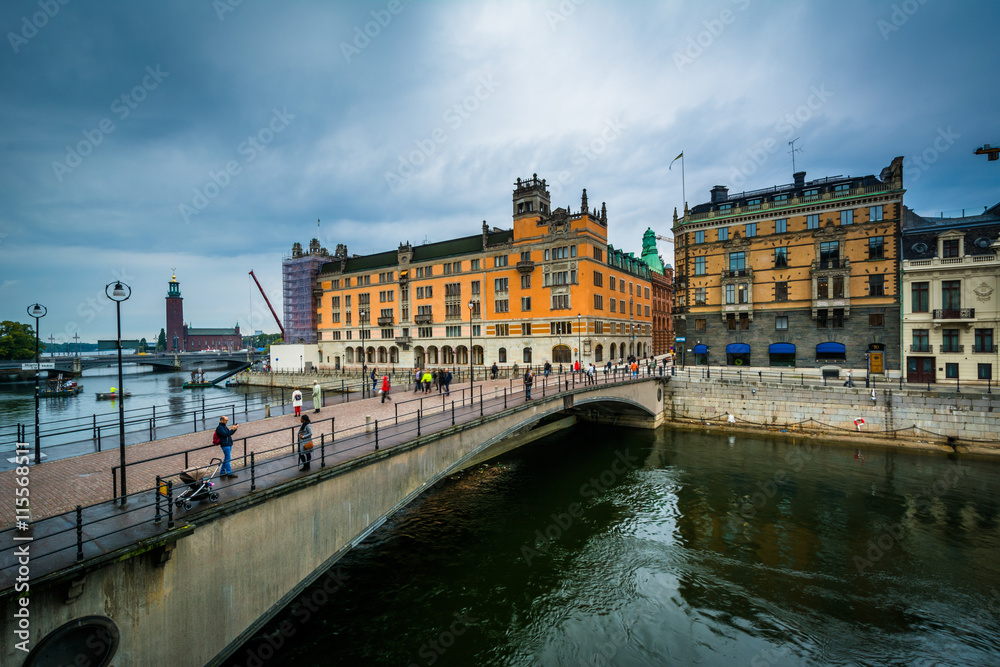 View of Riksbron and buildings in Norrmalm, from Helgeandsholmen