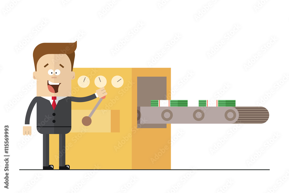 Businessman prints wads of money on the line . Isolated illustration white background . Flat picture. Businessman prints wads of money on the line . Isolated illustration white background . Flat picture.