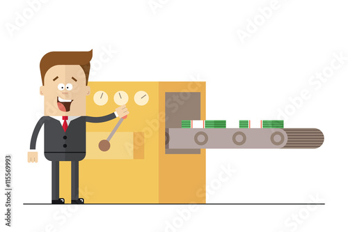 Businessman prints wads of money on the line . Isolated illustration white background . Flat picture.