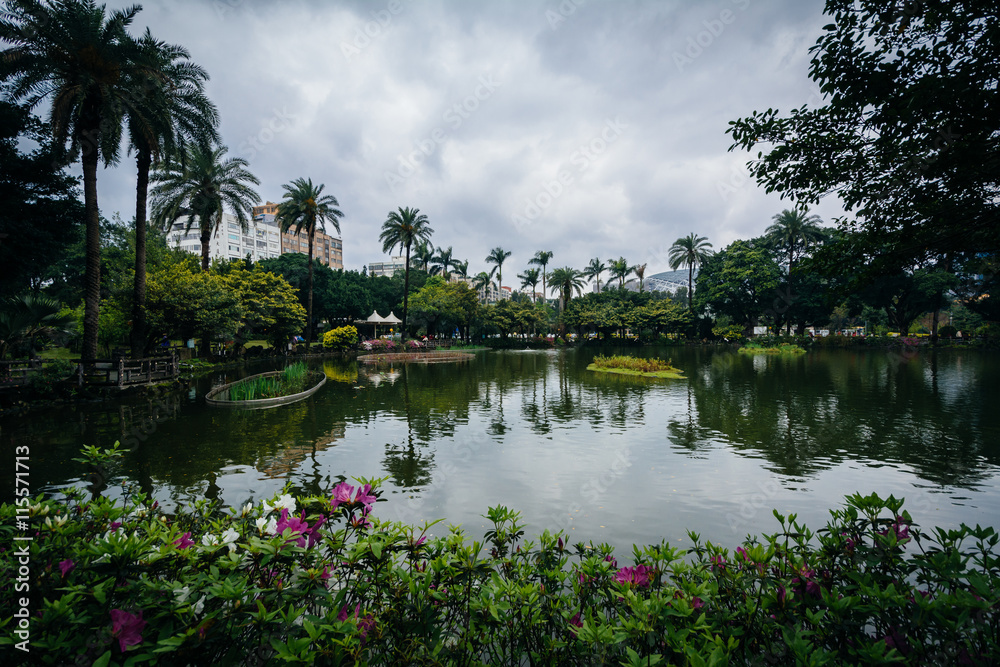 Flowers and lake at Zhongshan Park, in the Xinyi District, Taipe