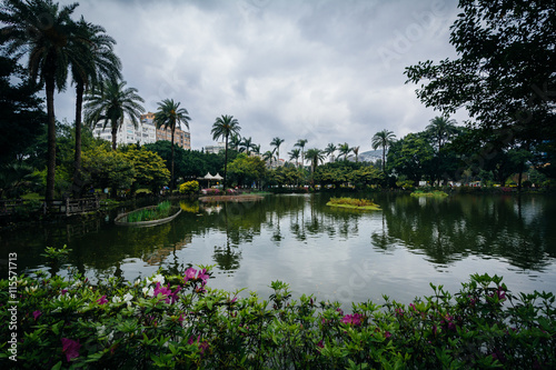 Flowers and lake at Zhongshan Park, in the Xinyi District, Taipe