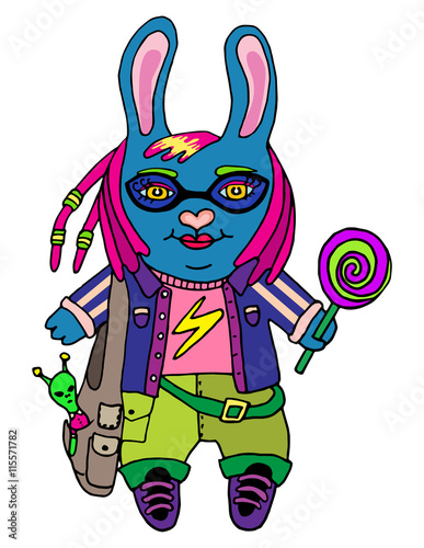 Little cute rabbit girl nerd wear glasses with toy and candy cartoon character on isolated white background print pattern vector illustration