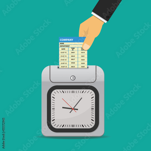 Hand putting paper card in time recorder machine.Time stamping concept.