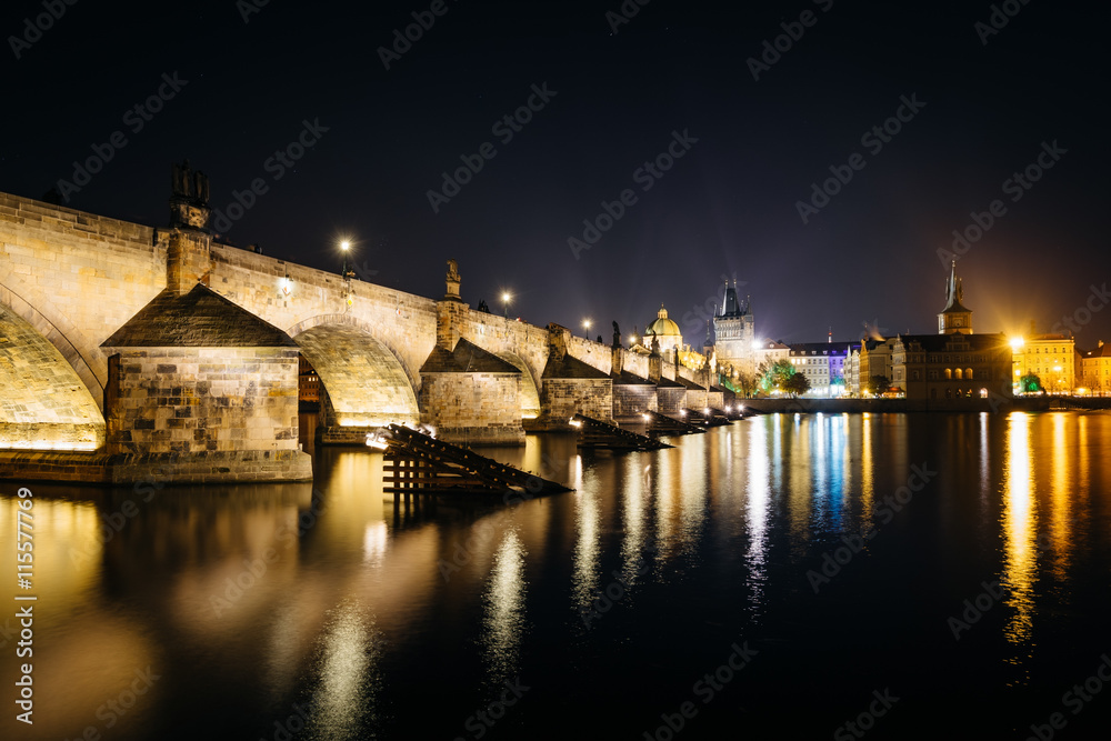 The Vltava and Charles Bridge at night, in Prague, Czech Republi