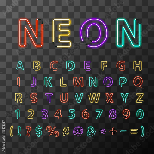 Colorful realistic neon letters, full latin alphabet on transparent background