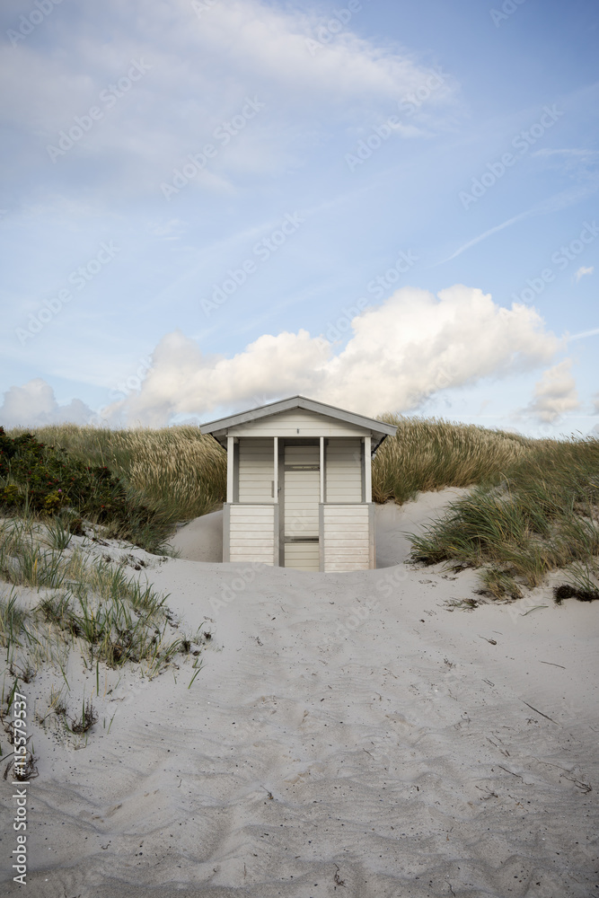 Sweden, Skane, Skanor, White wooden hut on sandy beach Sweden, Skane, Skanor, White wooden hut on sandy beach