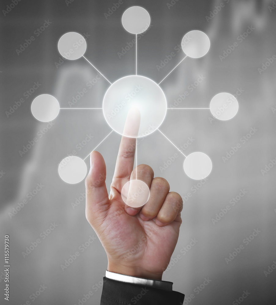 touching virtual icon of social network. touching virtual icon of social network.