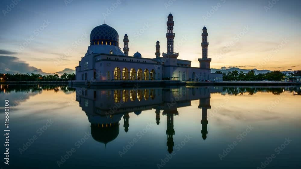Likas Mosque (Masjid Bandaraya Likas), Kota Kinabalu, Sabah, Malaysia. Beautiful Sunrise And Reflection, Timelapse