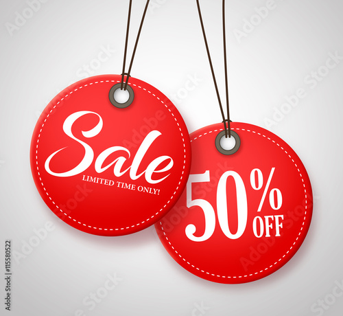 Circle Sale Tags Design with Half Price Text in Red Color Hanging in White Background. Vector Illustration.
