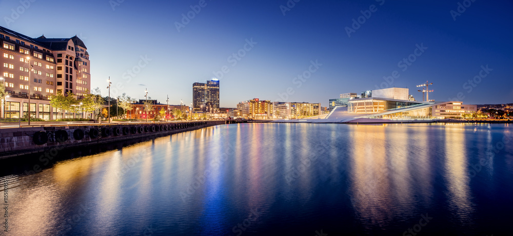 Norway, Oslo, Bjorviko, Illuminated city in night Norway, Oslo, Bjorviko, Illuminated city in night