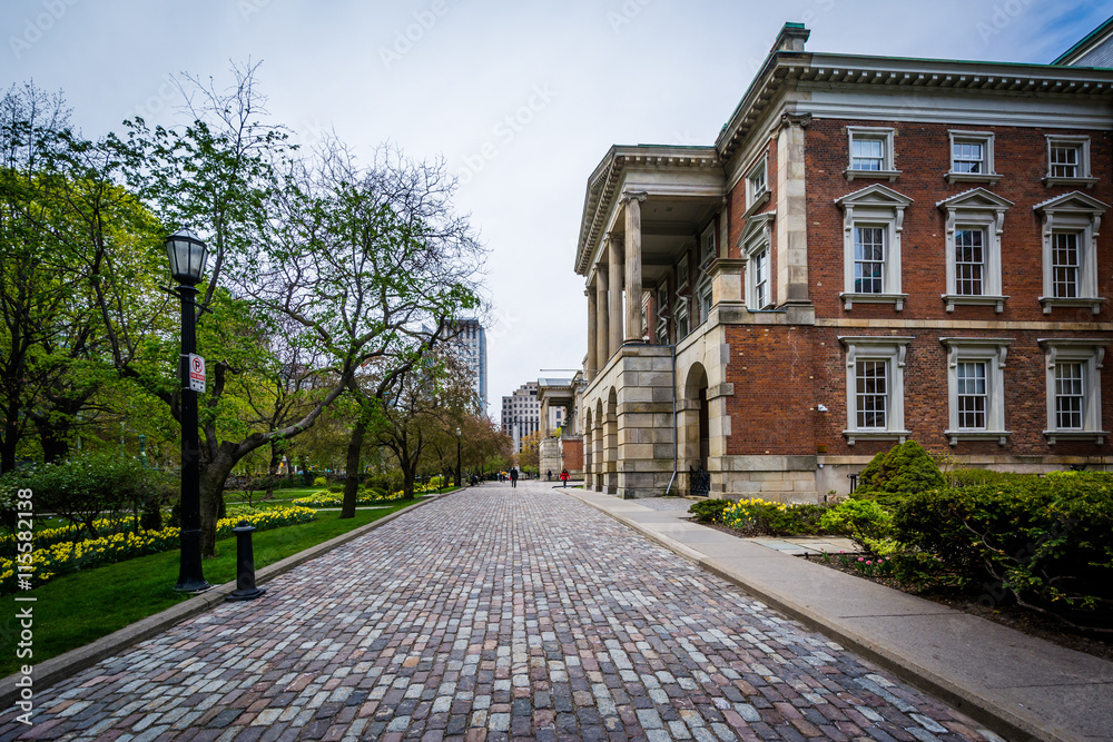 Walkway and gardens outside Osgoode Hall, in Toronto, Ontario.