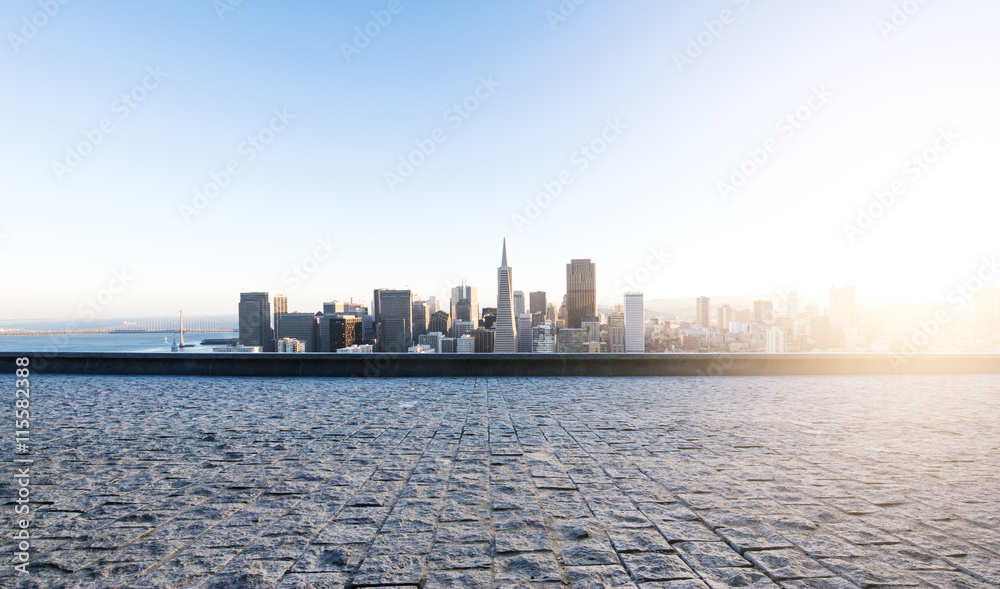 empty street with cityscape and skyline of san francisco at sunr empty street with cityscape and skyline of san francisco at sunr