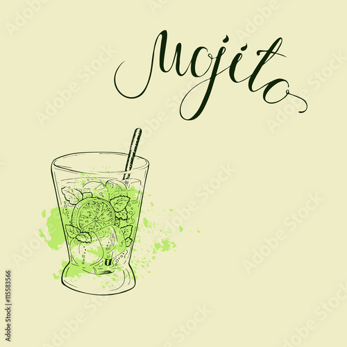 Glass of mojito cocktail with green brushstrokes on beige background. Hand lettering mojito word. Hand drawn vector illustration.