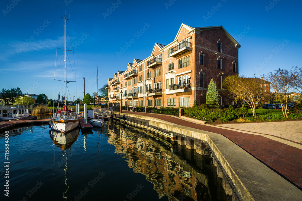 Apartment buildings and boats docked on the waterfront in Canton