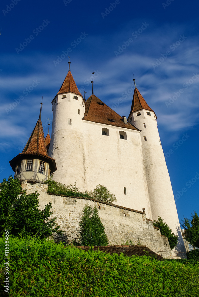  View of Thun medieval castle in the Thun city, in Swiss canton of Bern, where the Aare river flows out of Lake Thun. Switzerland
