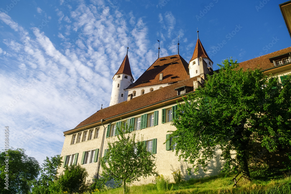 View of Thun medieval castle in the Thun city, in Swiss canton of Bern, where the Aare river flows out of Lake Thun. Switzerland