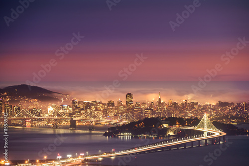 Beautiful moment of Bay Bridge during twilight  San Francisco