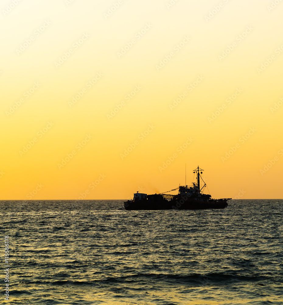 Square orange vivid ocean horizon ship silhouette background bac