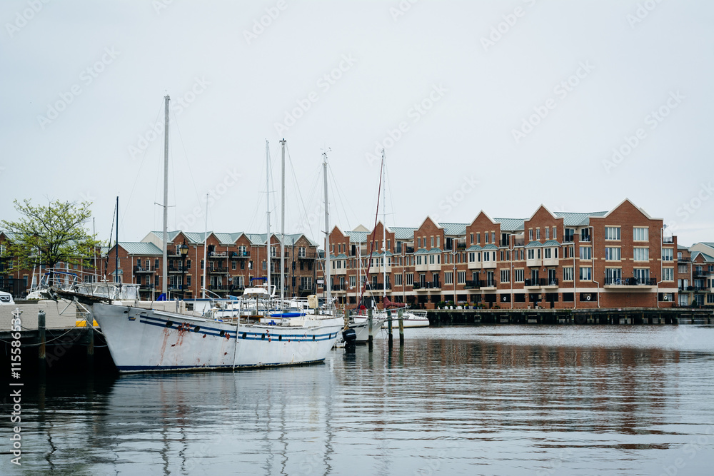 Boat and apartment buildings on the waterfront in Canton, Baltim