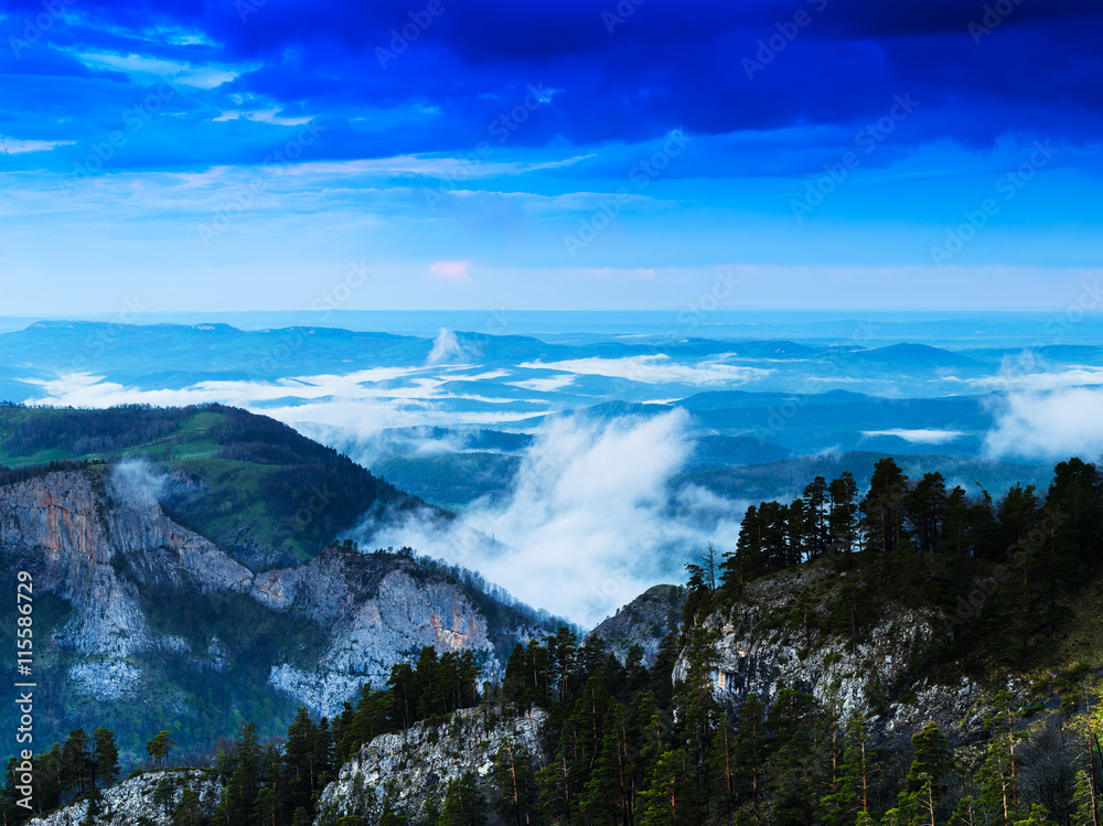 Horizontal vivid view from mountain dramatic landscape backgroun