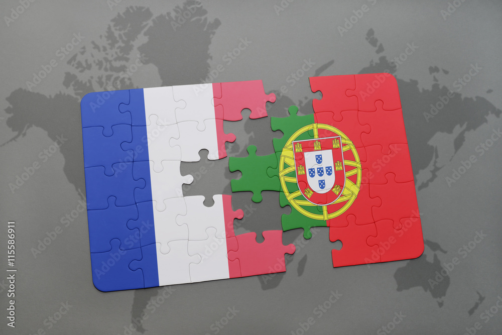 puzzle with the national flag of france and portugal on a world map ...