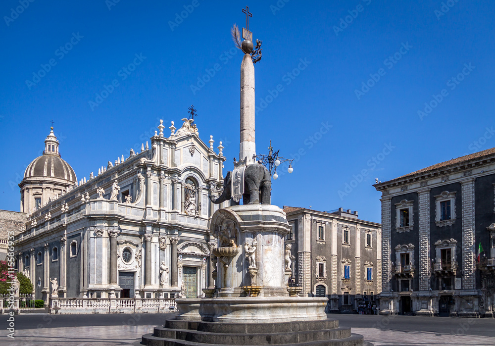 Piazza del Duomo in Catania,  elephant Statue and Cathedral of Santa Agatha - Sicily, Italy