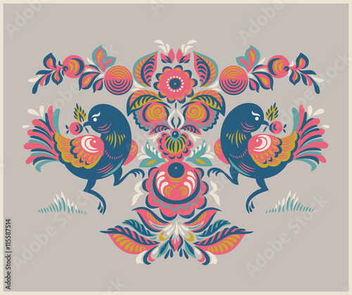 Floral pattern with two birds in Gorodets style
