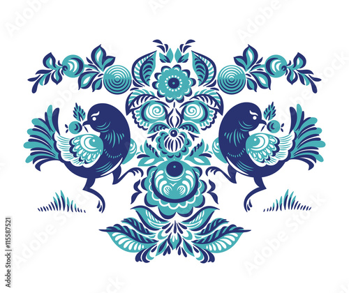 Floral pattern with two birds in Gorodets style