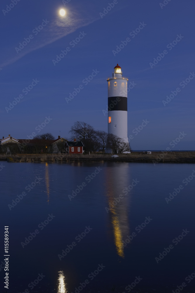 Sweden, Baltic Sea, Oland, Lange Jan, View of illuminated lighthouse Sweden, Baltic Sea, Oland, Lange Jan, View of illuminated lighthouse