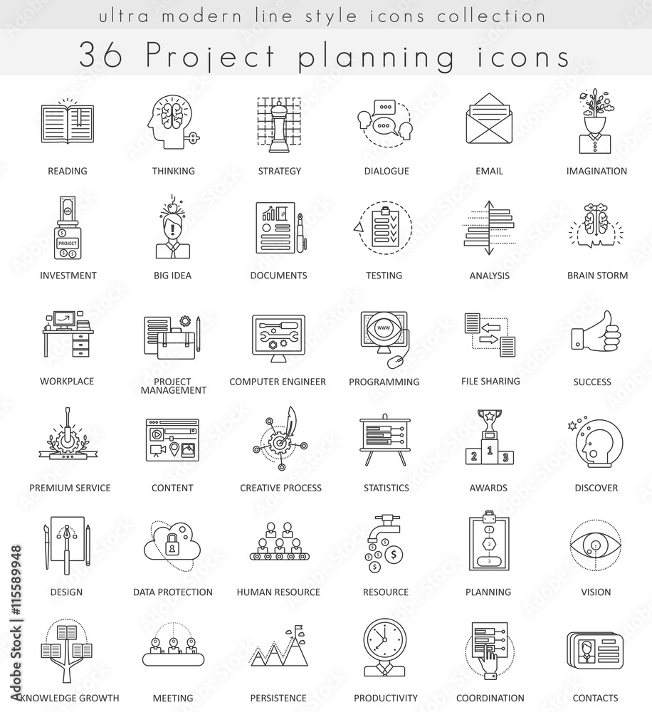 Vector Project planning strategy ultra modern outline line icons for ...