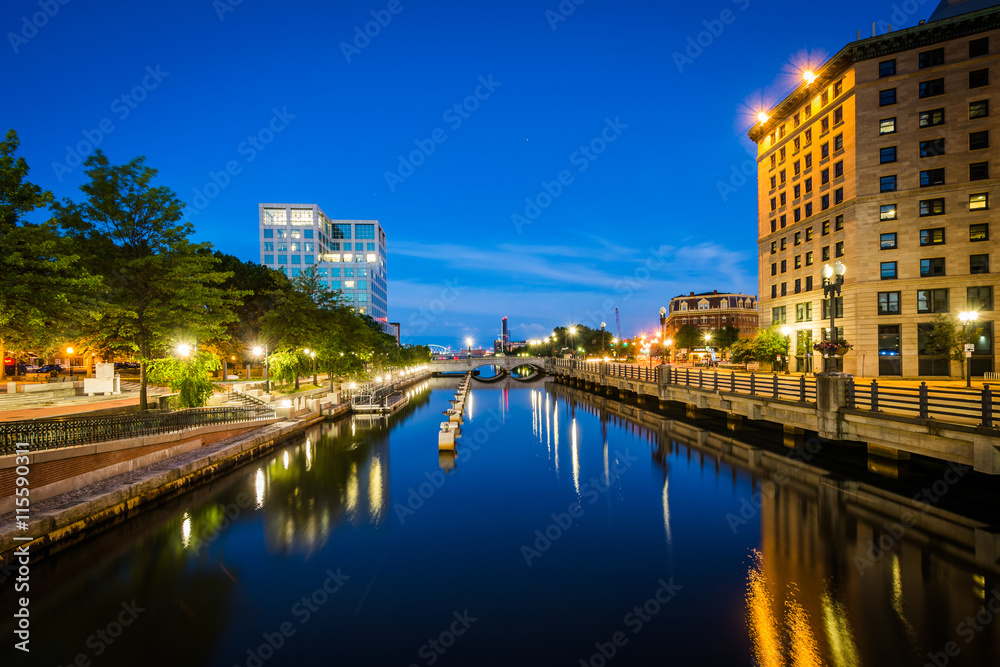 Buildings along the Providence River at night, in downtown Provi