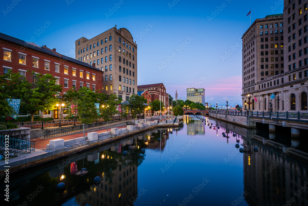 Buildings along the Providence River at twilight, in downtown Pr