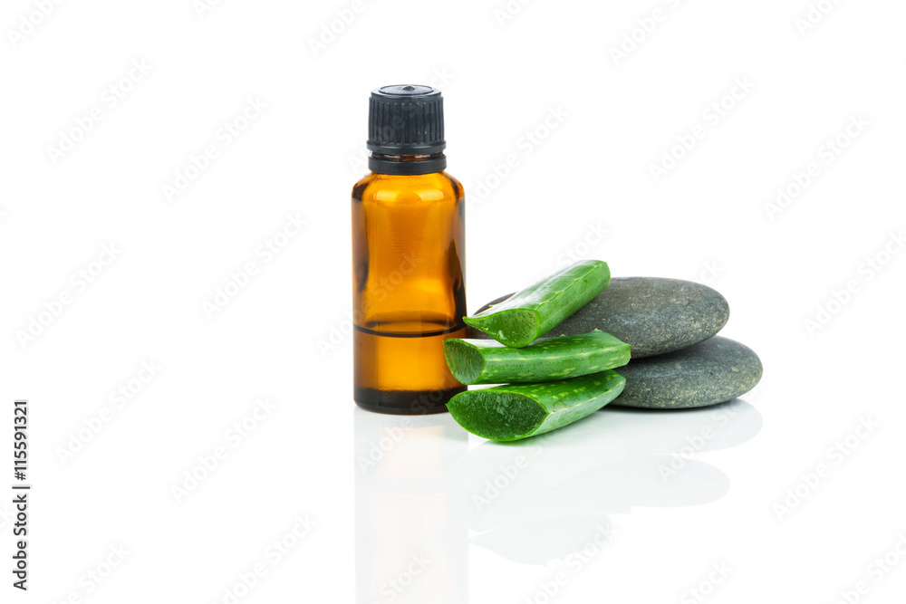 Sliced aloe leaves with bottle extract isolated on white background Sliced aloe leaves with bottle extract isolated on white background