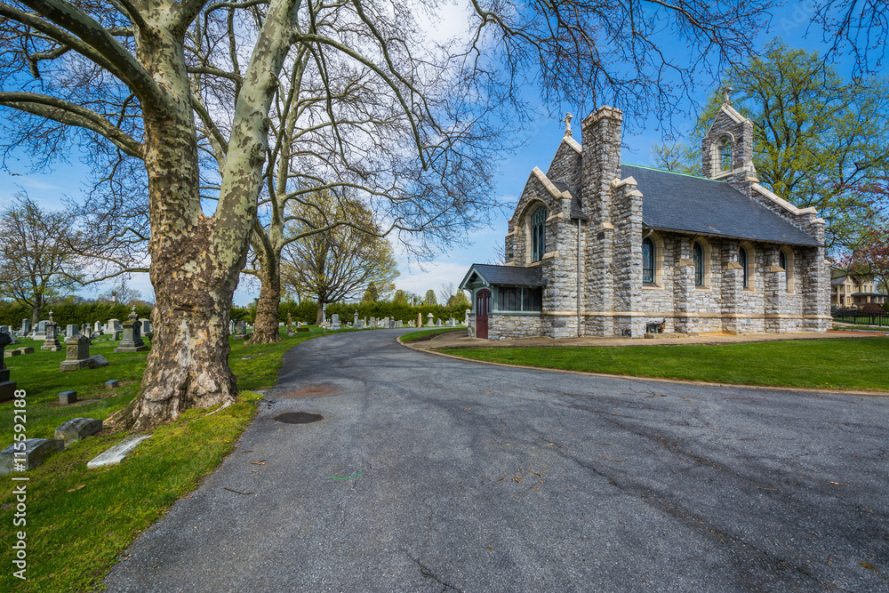 Chapel and road at Mount Olivet Cemetery in Frederick, Maryland.