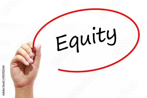 Man Hand writing Equity with marker on transparent wipe board. Business, internet, technology concept.