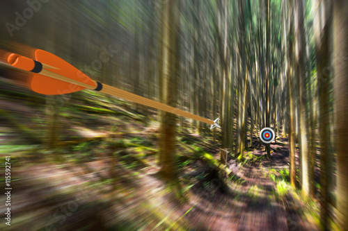Foto Arrow traveling through air at high speed to archery target with motion blur, pa