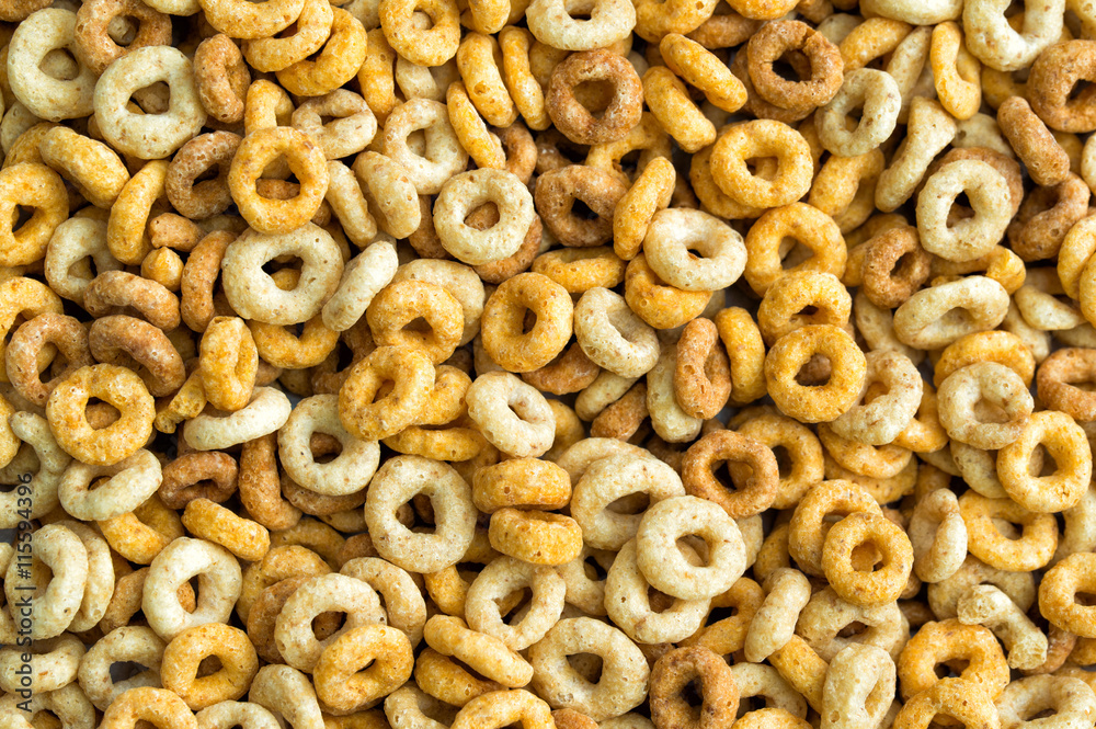 Multigrain cereals in a form of rings, close-up, food background