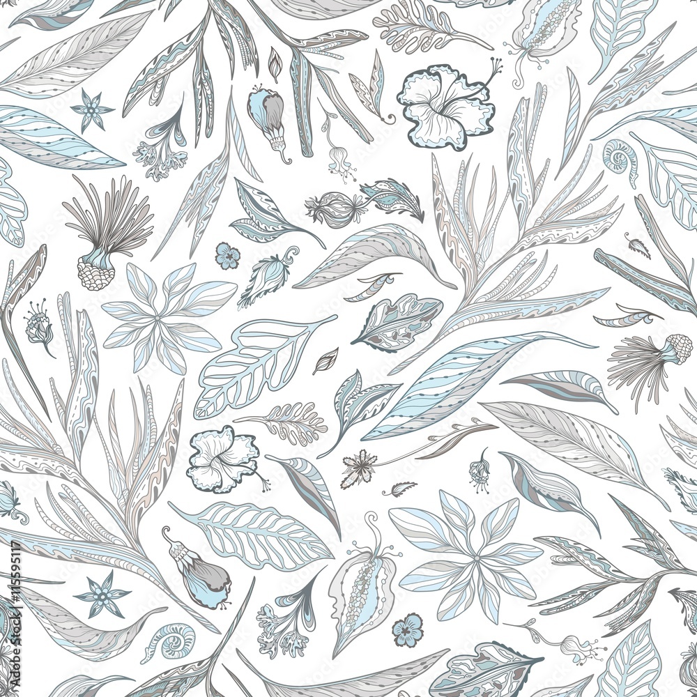 Creative Vector Pattern with Tropical Plants in Pastel Colors Creative Vector Pattern with Tropical Plants in Pastel Colors