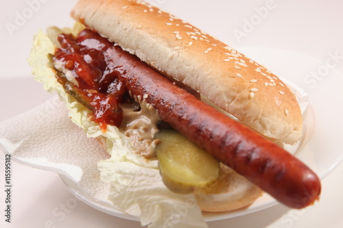 sausage in bun with sauce and pickles