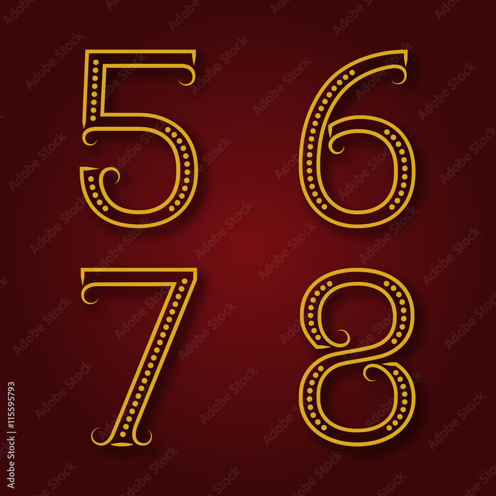 Five, six, seven, eight golden numbers with shadow. Font of dots and lines with flourishes in art deco style. Five, six, seven, eight golden numbers with shadow. Font of dots and lines with flourishes in art deco style.