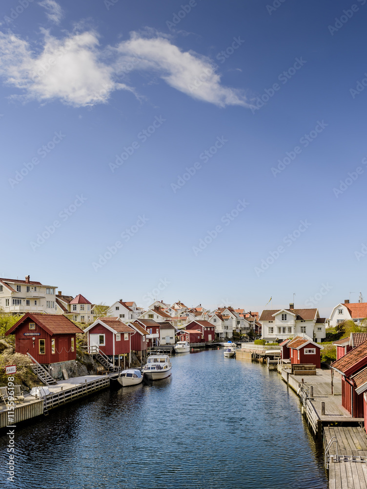 Sweden, West Coast, Bohuslan, Grundsund, View of fishing village and canal Sweden, West Coast, Bohuslan, Grundsund, View of fishing village and canal