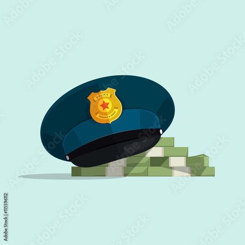 Concept of financial corruption, official law security, bribe, flat cartoon police hat covers pile of money vector illustration on blue background