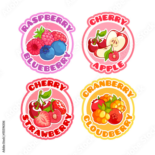 Fototapeta Naklejka Na Ścianę i Meble -  Four stickers with different combinations of fruits and berries.