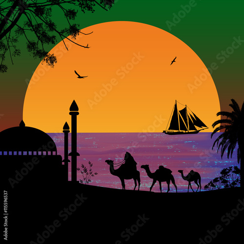 Camel caravan at green sunset on the beach