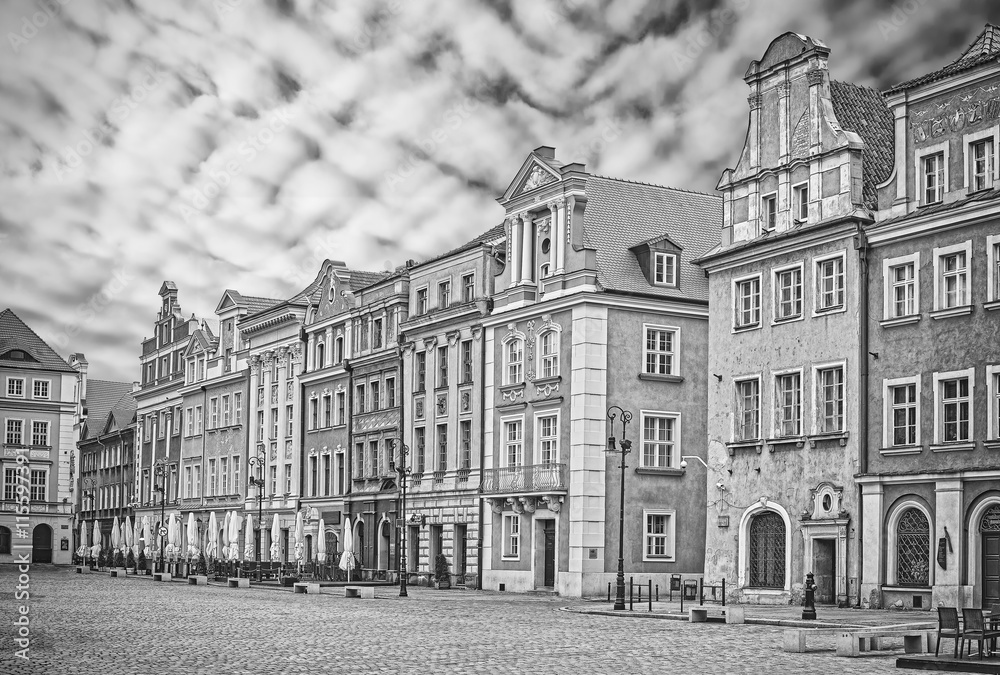 Black and white photo of Old Market Square in Poznan, Poland.
