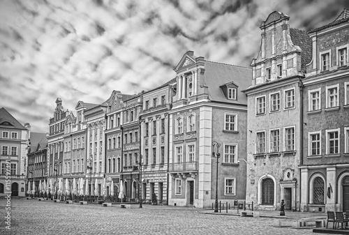 Black and white photo of Old Market Square in Poznan  Poland.