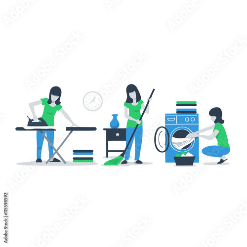 House work and household, neat home, routine chores, woman cleaning service