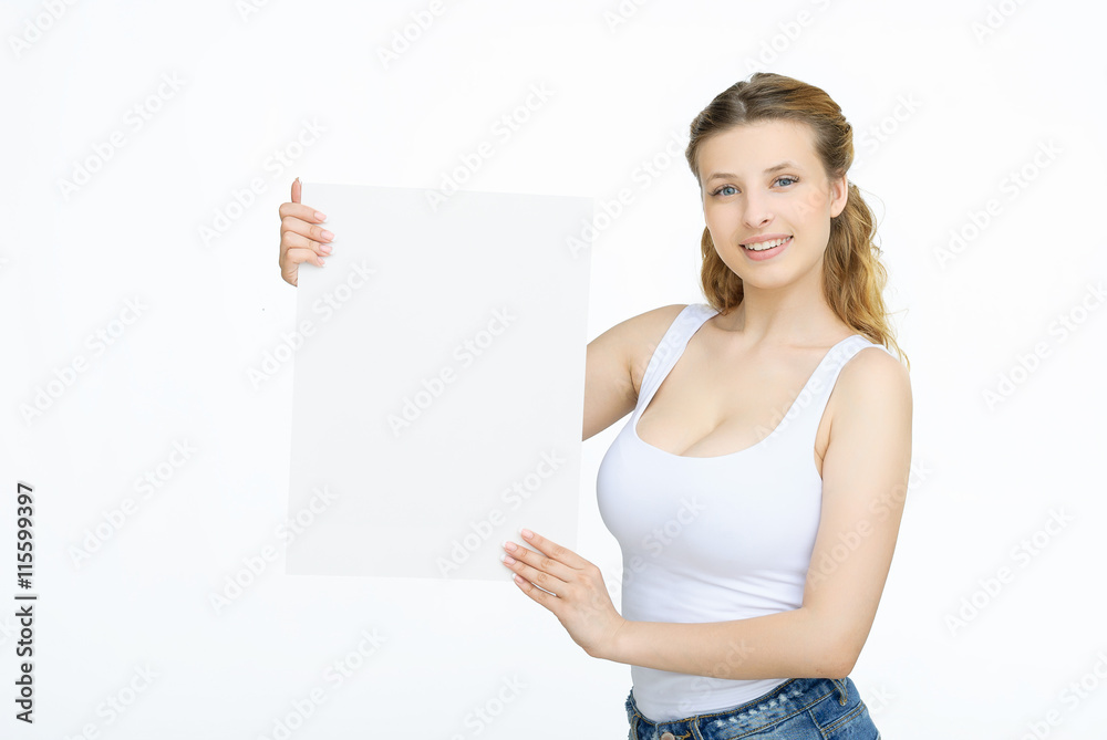 Young smiling woman show blank card or paper on white background. Young smiling woman show blank card or paper on white background.