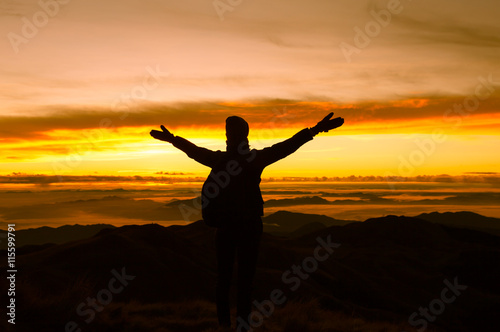 Feeling free. Male hiker celebrating on top a mountain. 